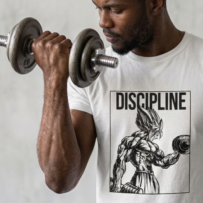 : Hombre entrenando bíceps con mancuerna usando camiseta blanca de trnd.ink con diseño anime de disciplina y guerrero manga.