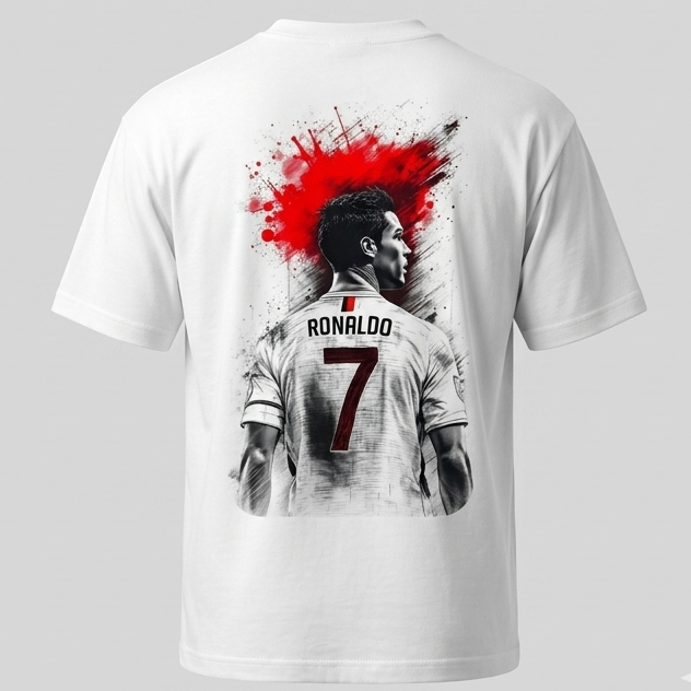 Vista frontal de una camiseta de manga corta con el estampado gráfico del futbolista Cristiano Ronaldo CR7 con actitud imponente.