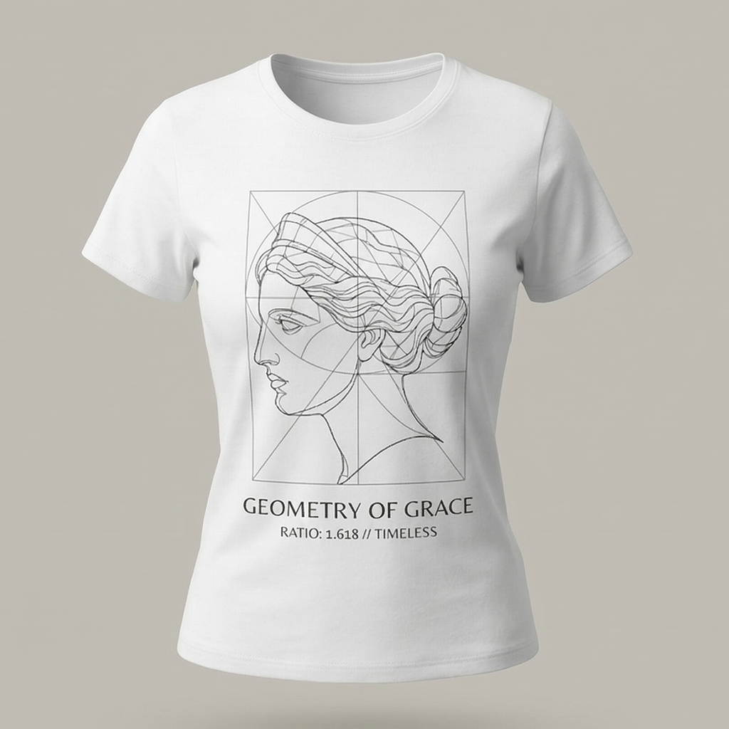  camiseta "Geometry of Grace" de Trnd.Ink. Diseño lineal de arte clásico y proporción áurea en poliéster de alta calidad e impresión por medio de sublimación 