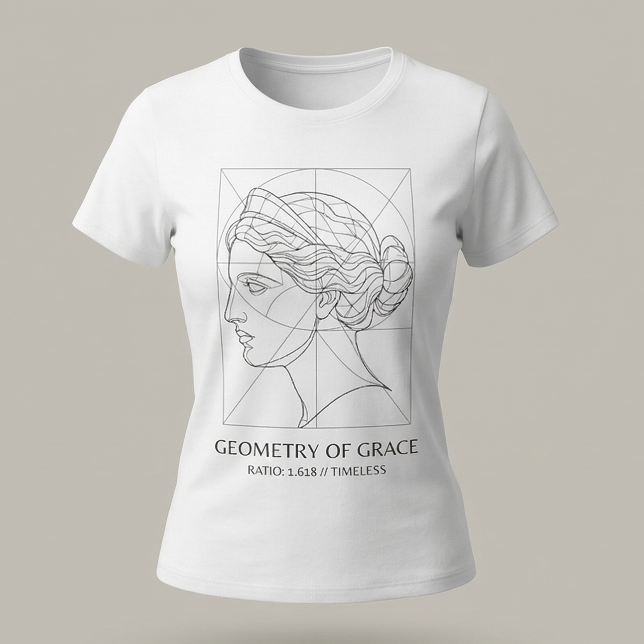  camiseta "Geometry of Grace" de Trnd.Ink. Diseño lineal de arte clásico y proporción áurea en poliéster de alta calidad e impresión por medio de sublimación 