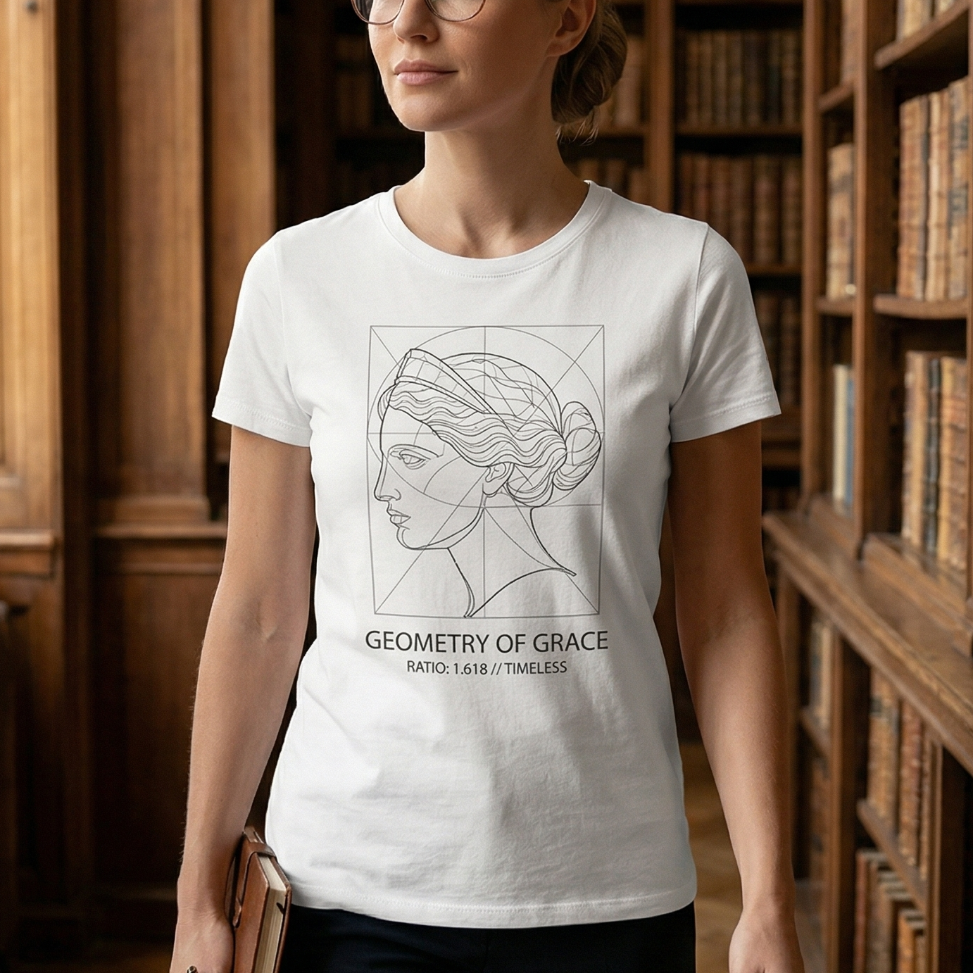 Una mujer con gafas en una biblioteca antigua, con una camiseta de Trnd.Ink que dice "Geometry of Grace" y muestra un diseño de busto clásico y geometría.