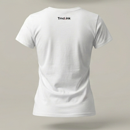 Vista trasera de camiseta blanca para mujer con logo trnd.ink centrado en la parte superior, diseño minimalista."