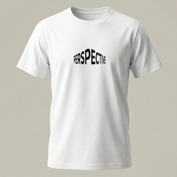Camiseta blanca de algodón con el texto 'PERSPECTIVE' estampado en letras negras tipo bloque, diseño minimalista de trnd.ink