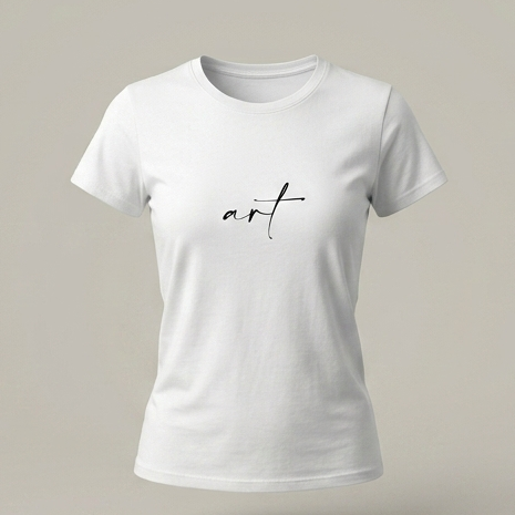 "Camiseta blanca para mujer con diseño minimalista 'art' en letra cursiva, estilo urbano de alta calidad marca trnd.ink."