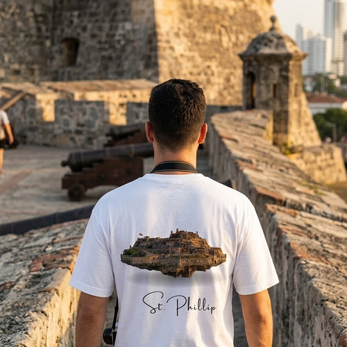 Hombre de espaldas frente al mar usando una camiseta negra de trnd.ink con un gran estampado artístico de un lobo aullando en colores negro y rojo.