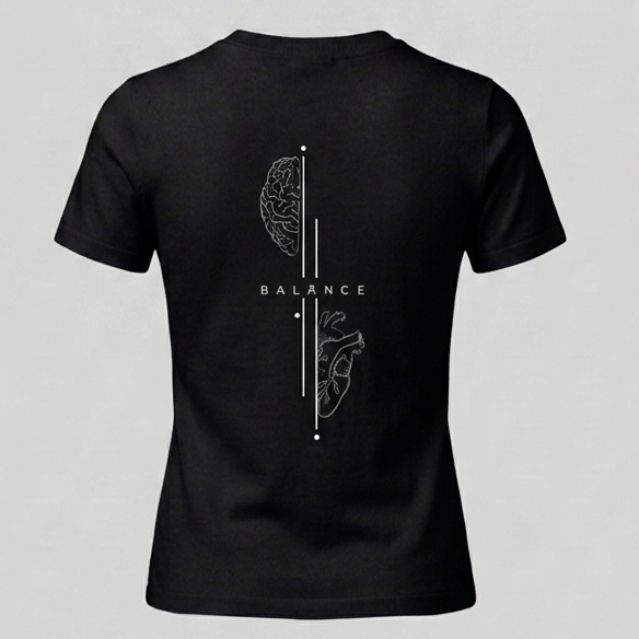 Camiseta negra con diseño artístico minimalista de cerebro y corazón conectados, titulada "Balance", estilo urbano Trnd.ink.
