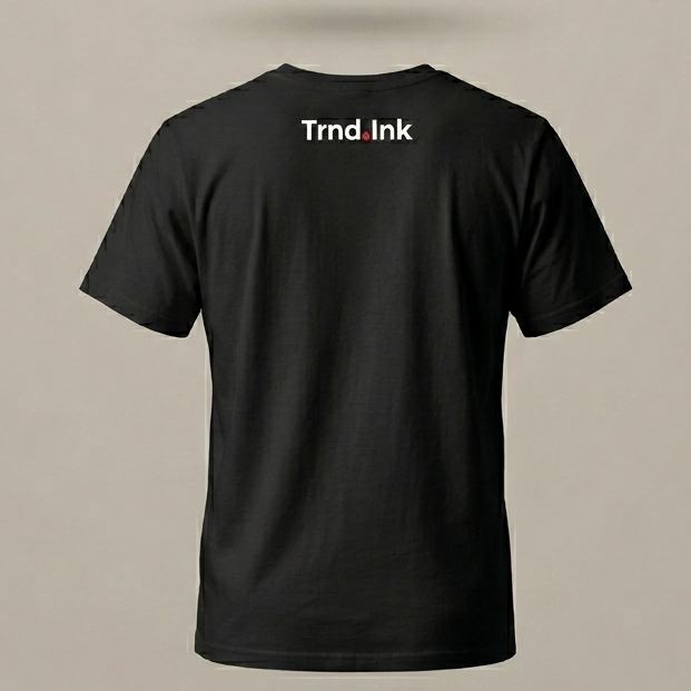 Vista trasera de una camiseta negra con un diseño gráfico blanco de estilo industrial y técnico, incluyendo bloques de texto y códigos de barras, de la marca trnd.ink.