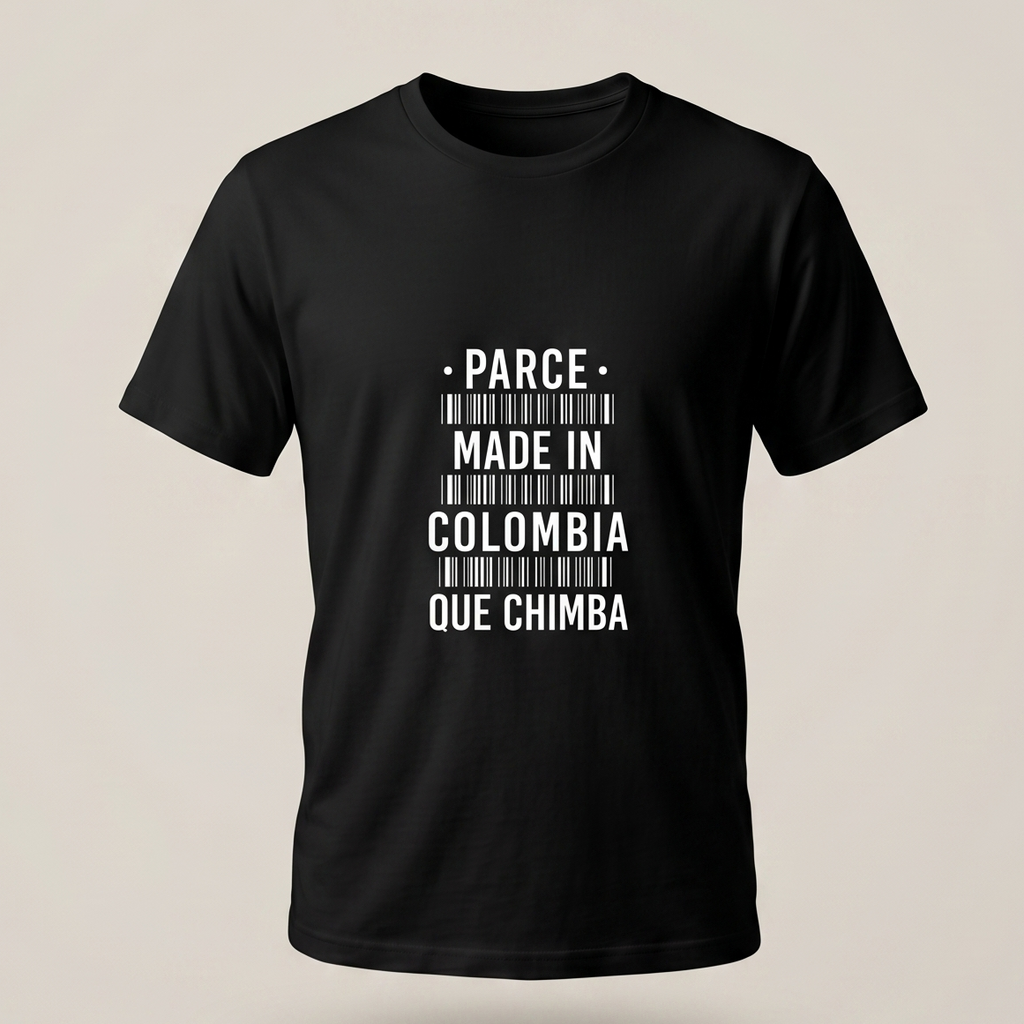 Camiseta negra para hombre y mujer con diseño frontal de código de barras y texto 'Parce Made in Colombia Que Chimba' en blanco, estilo streetwear minimalista.