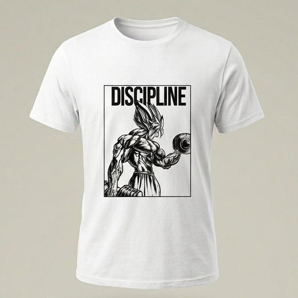 : Camiseta blanca para hombre con estampado de anime estilo manga y palabra Discipline, ideal para entrenamiento de pesas y moda fitness streetwear.