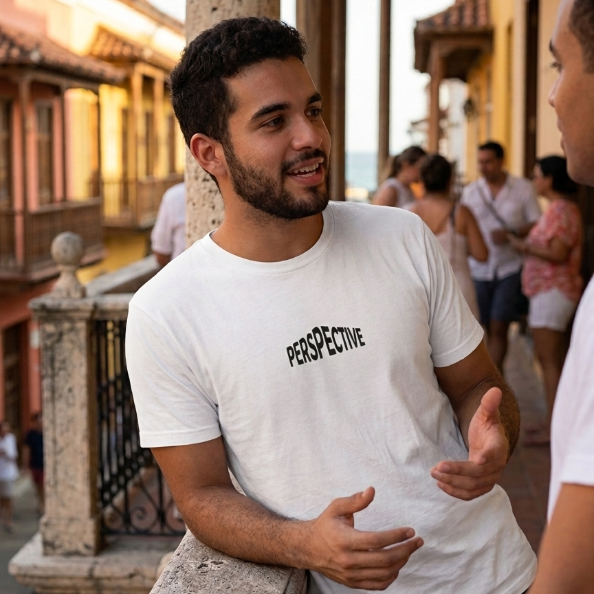 Hombre vistiendo camiseta blanca con diseño minimalista 'PERSPECTIVE' de la marca trnd.ink en un entorno urbano