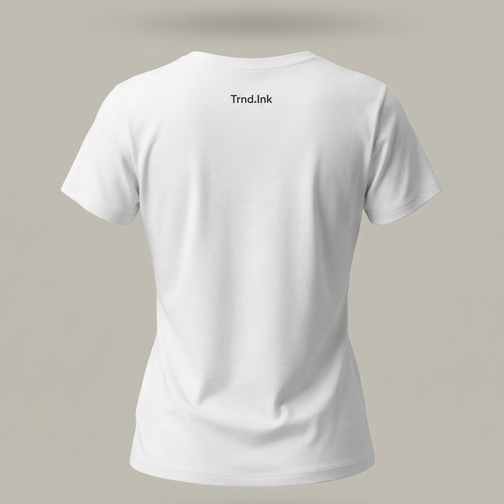 Vista trasera de camiseta blanca de poliéster para mujer, con el logo sutil de Trnd.Ink impreso por sublimación en la espalda.