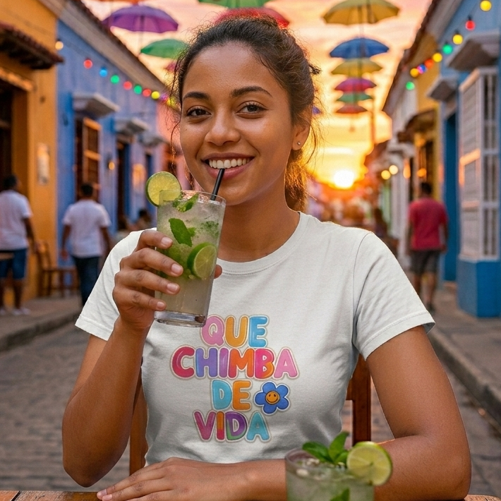 Foto lifestyle de una mujer joven sonriendo y tomando un mojito en una calle colonial colorida, luciendo la camiseta blanca ajustada de Trnd.Ink con el estampado "Que Chimba de Vida" en letras de colores.