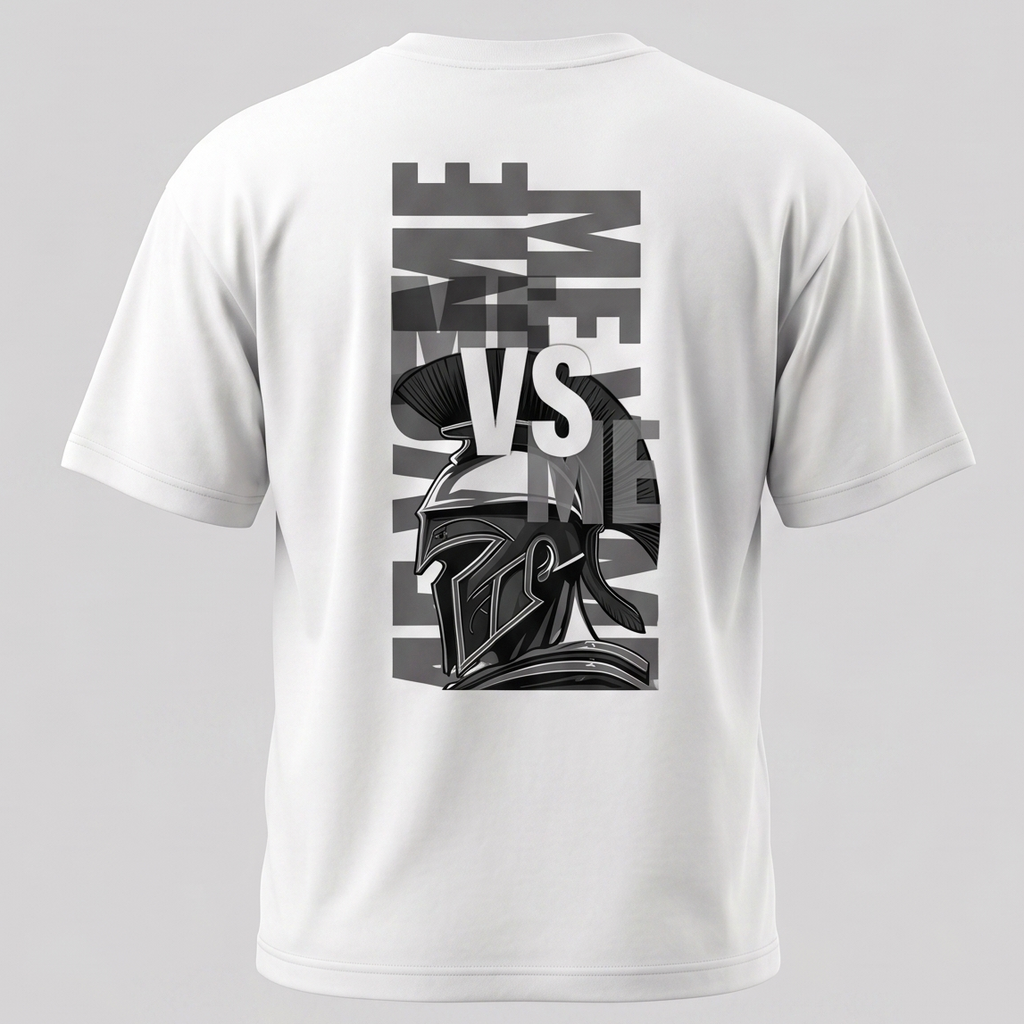 Vista posterior de una camiseta blanca de manga corta con un gráfico central de estilo espartano. El diseño muestra un casco de guerrero griego en escala de grises sobre un fondo rectangular.