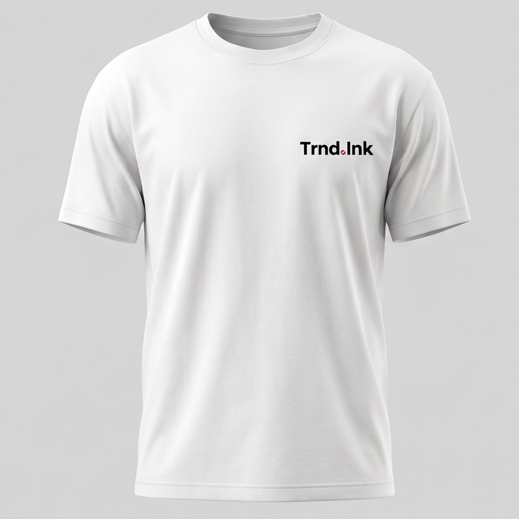 Una imagen de una camiseta blanca de manga corta y cuello redondo. La camiseta está colocada en un maniquí invisible y tiene un logotipo de "Trnd.Ink" impreso en el pecho izquierdo, en un pequeño rectángulo blanco con texto negro y un pequeño círculo rojo al final. El fondo es de color gris claro.