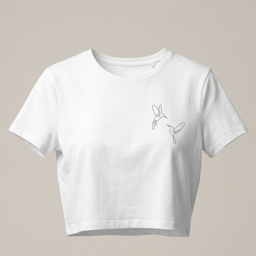 Una imagen de una camiseta corta blanca de cuello redondo y manga corta. La camiseta está colocada sobre un fondo gris claro y presenta un pequeño bordado negro en el pecho derecho que muestra dos colibríes de una línea volando uno hacia el otro. El bordado es delicado y minimalista.