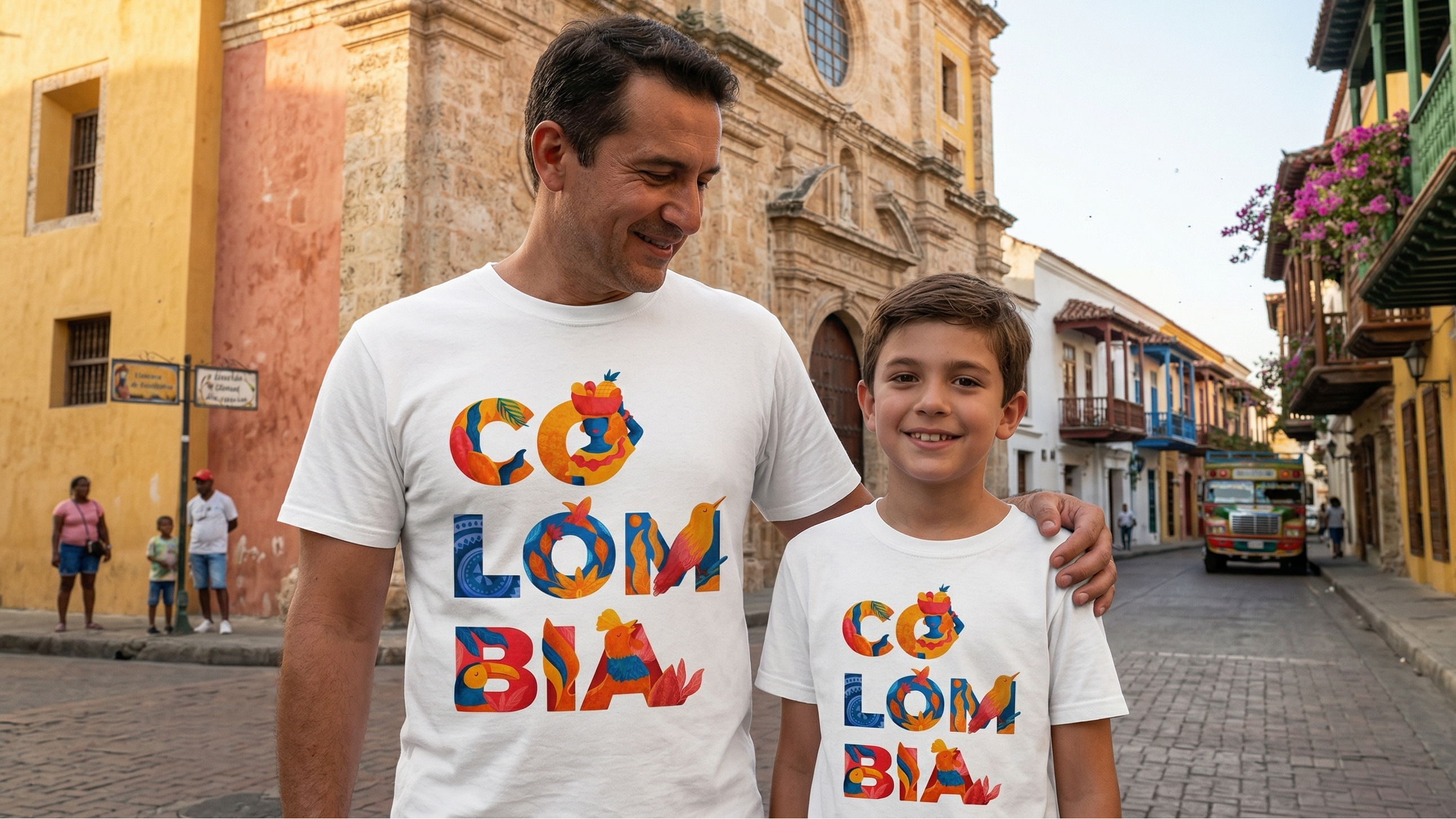 Un hombre y un niño sonríen caminando por una calle histórica de Cartagena, frente a la Iglesia de San Pedro Claver. Ambos visten camisetas blancas a juego con un diseño artístico de la palabra "COLOMBIA" en tipografía colorida que incluye elementos típicos como una palenquera, flores y aves. Fotografía con luz cálida de atardecer.