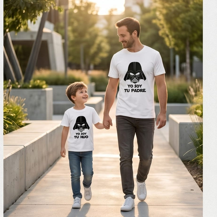 : Fotografía de estilo de vida de un padre y su hijo pequeño caminando y sonriendo de la mano por un sendero pavimentado al aire libre. Ambos visten camisetas blancas de manga corta de la marca Trnd.Ink; la del papá lleva un estampado negro con el casco de Darth Vader y la icónica frase "YO SOY TU PADRE", mientras que la del niño muestra el mismo casco con la frase "YO SOY TU HIJO".