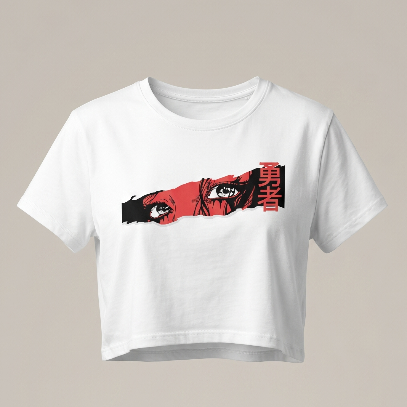Crop top blanco para mujer con diseño gráfico frontal de ojos estilo anime japonés en rojo y negro, y logo de Trnd.Ink en la parte superior central de la espalda