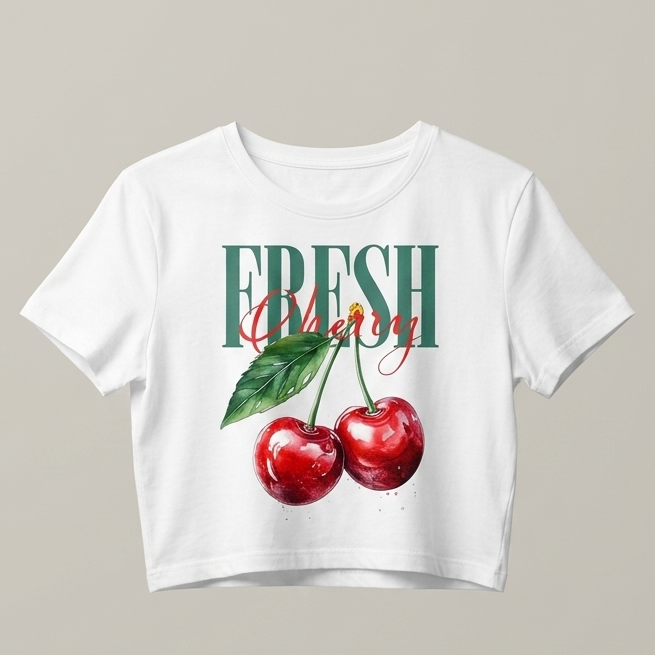 Vista frontal de un crop top blanco para mujer con un estampado gráfico central que muestra una ilustración detallada de dos cerezas rojas y hojas verdes, superpuestas con el texto "FRESH" en tipografía verde y "Cherry" en caligrafía roja, estilo streetwear minimalista de trnd.ink.