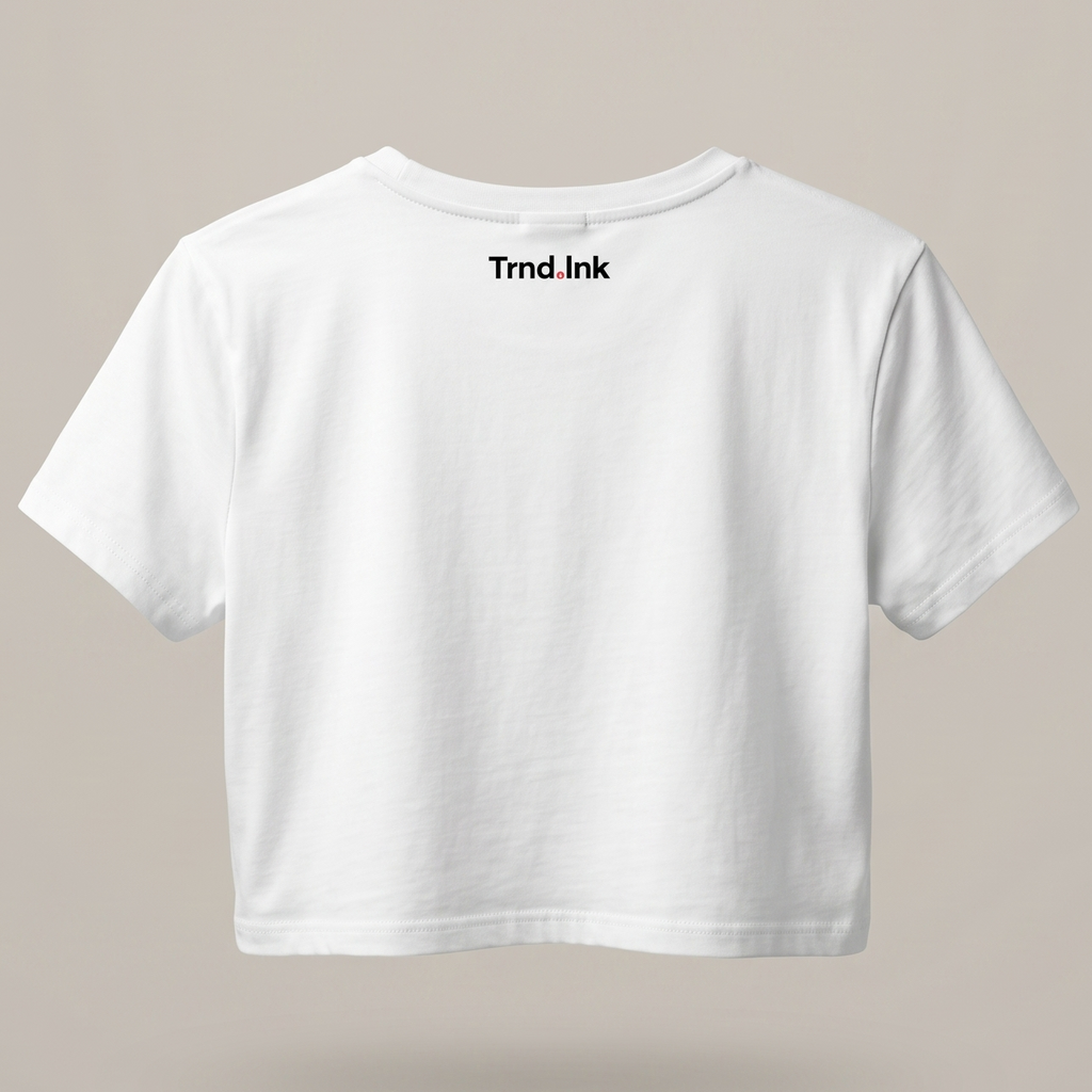 Vista posterior de un crop top blanco para mujer flotando, destacando el logo de Trnd.Ink ubicado en la parte superior central de la espalda