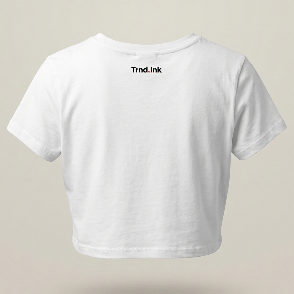 Parte trasera de un crop top blanco para mujer mostrando el logo oficial de Trnd.Ink impreso en tamaño pequeño en la parte superior central de la espalda.