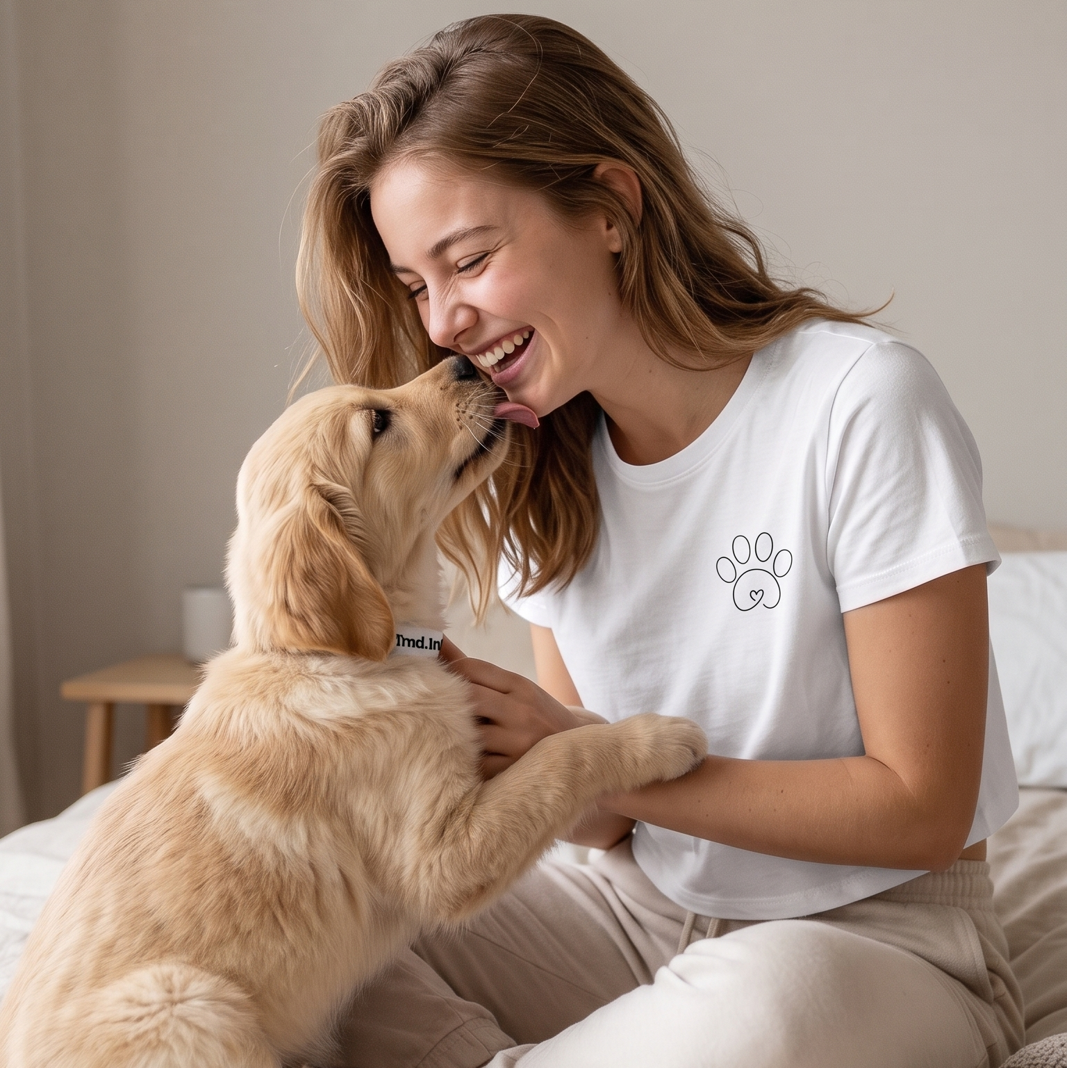 Una mujer joven con cabello castaño, riendo felizmente mientras un cachorro de Golden Retriever le lame la mejilla. Ella viste un crop top blanco de manga corta con un pequeño estampado minimalista de una huella de perro en el lado izquierdo. La escena es interior, sobre una cama con sábanas blancas y un fondo cálido desenfocado.