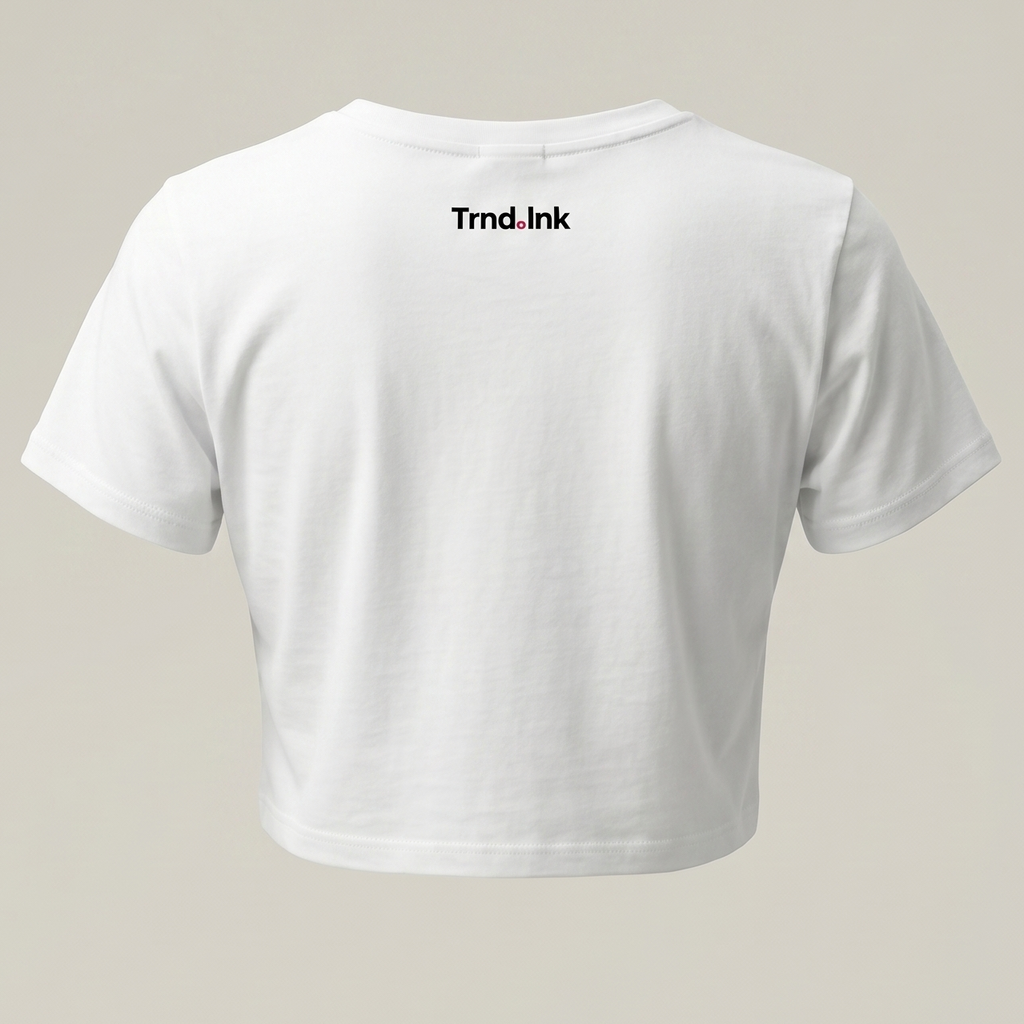 Vista posterior de crop top blanco de Trnd.ink con logo pequeño negro centrado en la parte superior, diseño de moda urbana minimalista.