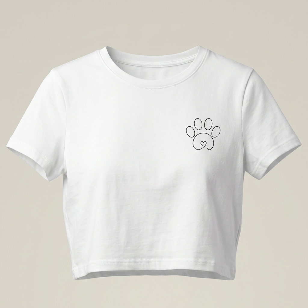 Camiseta tipo crop top de color blanco para mujer con diseño frontal minimalista. Presenta el texto 'QUE SE REPITA' en tipografía de máquina de escribir junto a un icono de flecha circular de repetición, todo enmarcado en un recuadro negro sobre un fondo gris neutro.