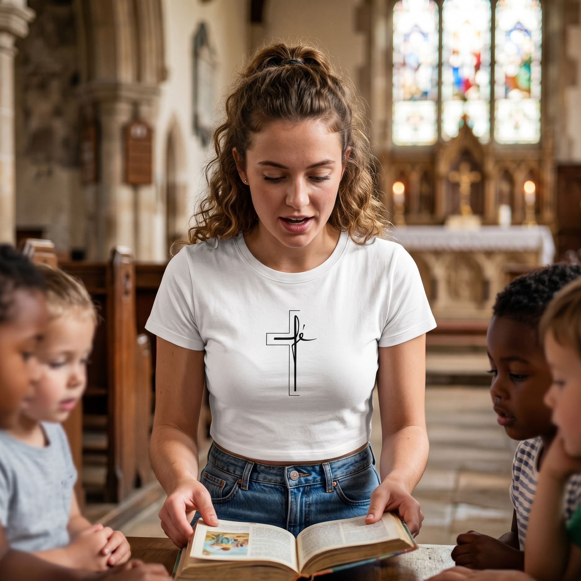 Primer plano de una mujer joven con cabello rizado castaño recogido, vistiendo un crop top blanco de manga corta. El crop top presenta un diseño central minimalista negro que combina una cruz cristiana lineal con la palabra caligráfica "Fé". Ella está en una iglesia antigua con niños, leyendo una Biblia abierta sobre una mesa de madera.