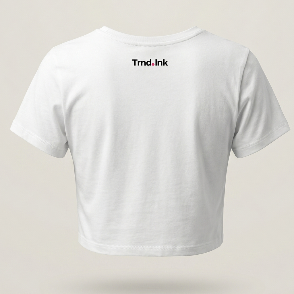 Vista trasera de crop top blanco para mujer con el logo de Trnd.Ink centrado bajo el cuello, fondo minimalista de estudio en tono hueso.