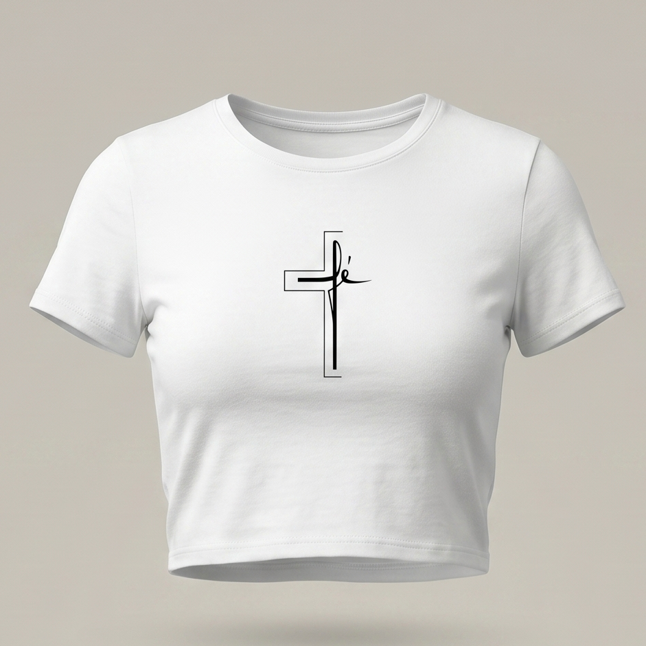 Crop top femenino de color blanco con ajuste ceñido, mostrando un diseño central de una cruz minimalista en trazo fino negro que integra la palabra "fé" en caligrafía elegante. La prenda se presenta sobre un fondo gris neutro con iluminación de estudio.