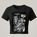 Vista frontal de un crop top negro para mujer con un diseño de collage artístico de Michael Jackson en blanco y negro, estilo camiseta de banda vintage de la marca trnd.ink.