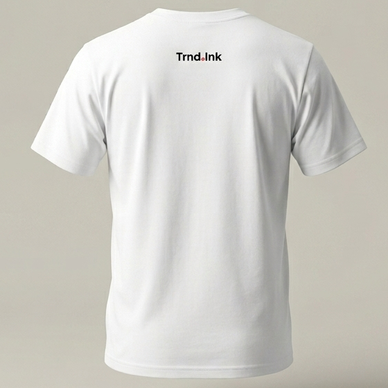 Vista trasera de camiseta blanca de algodón con logo oficial trnd.ink centrado en la parte superior, estilo minimalista."