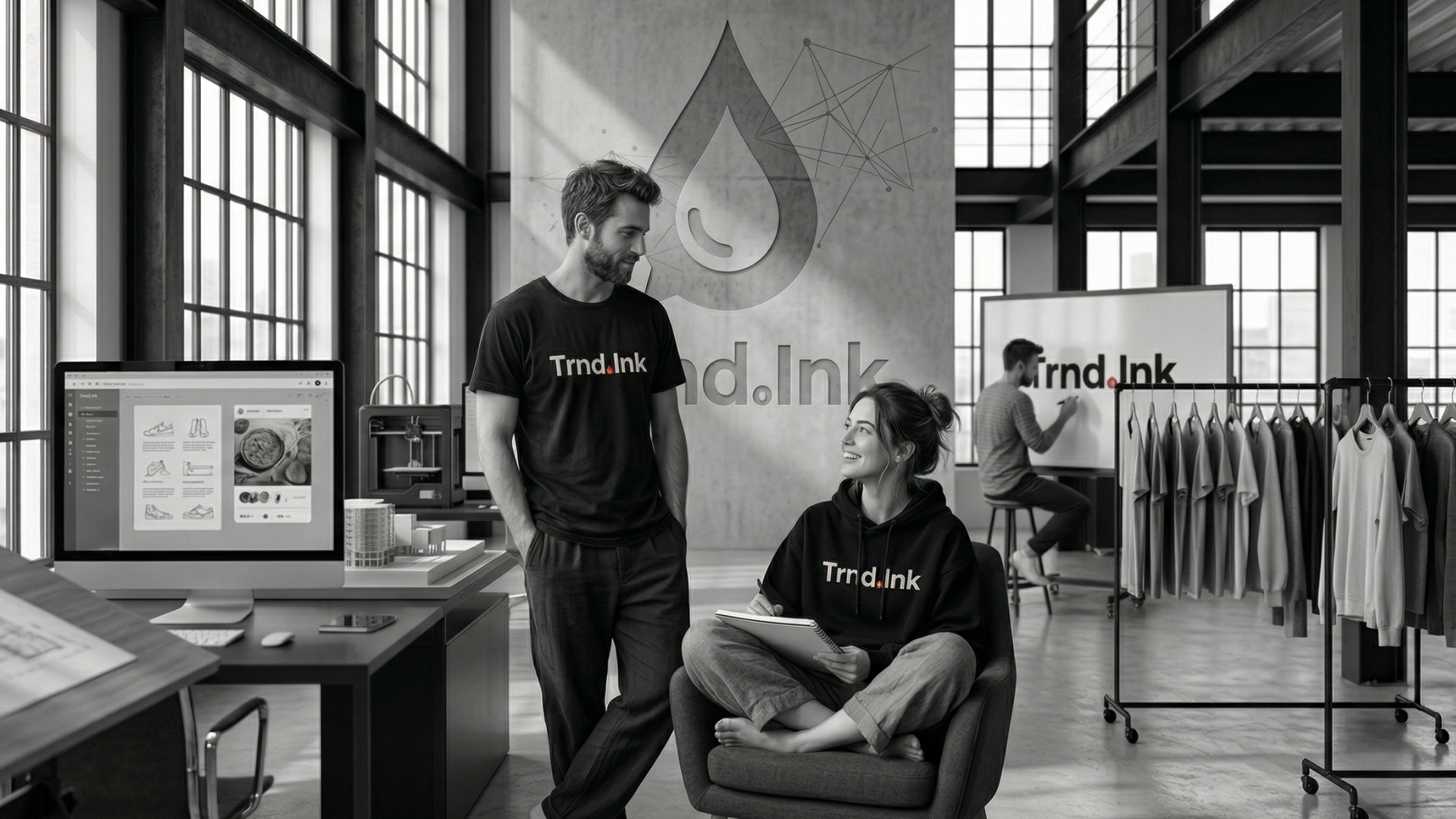 Fotografía artística en blanco y negro de un estudio de diseño creativo con tres personas trabajando. Un hombre y una mujer visten prendas negras con el logo de "Trnd.Ink" en el pecho, mientras al fondo un diseñador trabaja frente a un panel con la identidad visual de la marca. El espacio cuenta con estética industrial, estantes de ropa