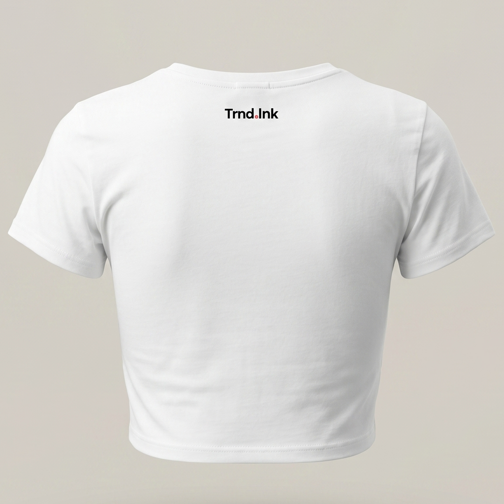 Una imagen de la parte trasera de una camiseta corta blanca y ajustada de "Trnd.Ink". La camiseta tiene cuello redondo y mangas cortas. El logotipo de "Trnd.Ink" está impreso en la parte superior central de la espalda, en un pequeño rectángulo blanco con texto negro y un pequeño círculo rojo al final. El fondo es de color gris claro.