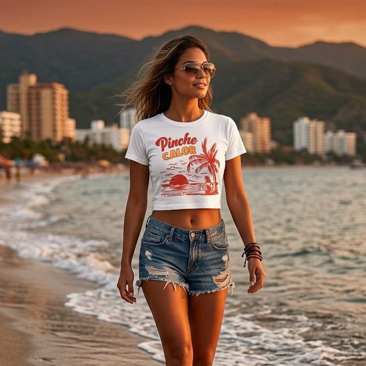 Modelo caminando en playa de Santa Marta usando crop top blanco de poliéster de la marca Trnd.Ink con estampado sarcástico  Pinche Calor y palmeras, ideal para clima cálido y moda de playa.