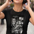 Mujer luciendo el crop top negro de Michael Jackson de trnd.ink en una calle urbana, mostrando el diseño frontal tipo collage vintage combinado con jeans.