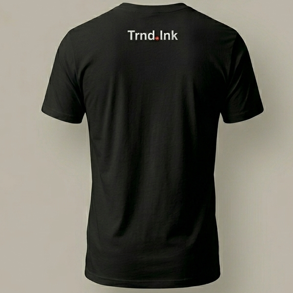 Parte trasera de una camiseta blanca de algodón de trnd.ink con el logo pequeño de la marca en negro centrado en la parte superior de la espalda, diseño minimalista de moda urbana.