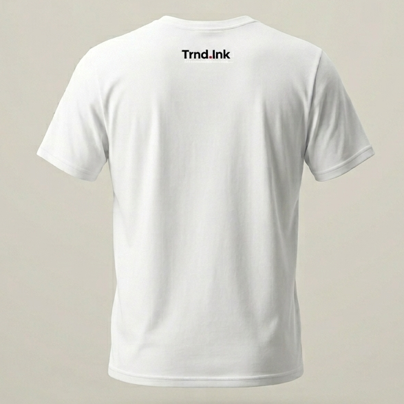 Vista posterior de camiseta blanca de cuello redondo mostrando el logo negro de Trnd.Ink con su punto redondo estándar, centrado en la parte superior de la espalda debajo del cuello.