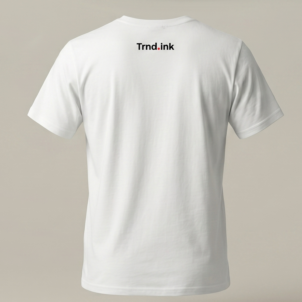 Parte posterior de una camiseta blanca de manga corta de corte estándar, donde se aprecia el logotipo de "Trnd.ink" en letras negras con un punto rojo, centrado en la parte superior de la espalda justo debajo del cuello.