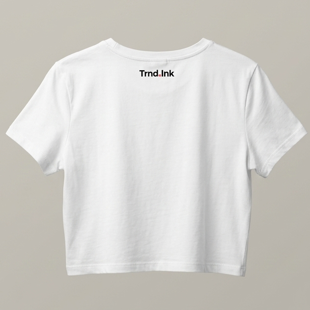 Parte posterior de un crop top blanco para mujer con el logo pequeño de Trnd.Ink en color negro centrado debajo del cuello, diseño minimalista de marca de ropa urbana.