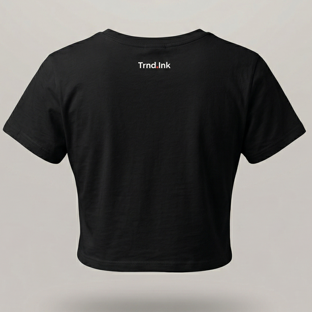 Parte trasera de un crop top negro para mujer de trnd.ink, mostrando el logo pequeño de la marca en blanco centrado en la parte superior de la espalda, diseño minimalista urbano.