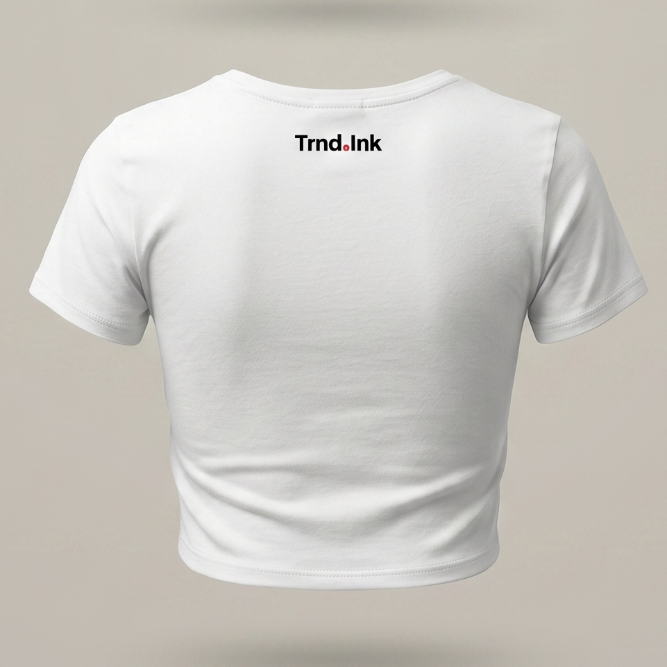 Vista trasera de un crop top blanco de mujer con textura de poliéster suave, suspendido sobre un fondo gris cálido uniforme. El logotipo negro de Trnd.Ink con un punto rojo está centrado en la parte superior, una pulgada debajo del cuello circular, resaltando sobre la tela blanca impecable.