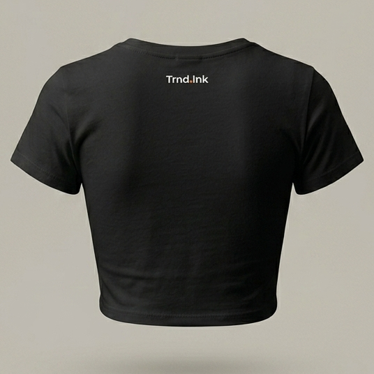 Parte trasera de un crop top negro con el logo de Trnd.ink estampado en blanco en la parte superior central, diseño minimalista sobre fondo neutro.