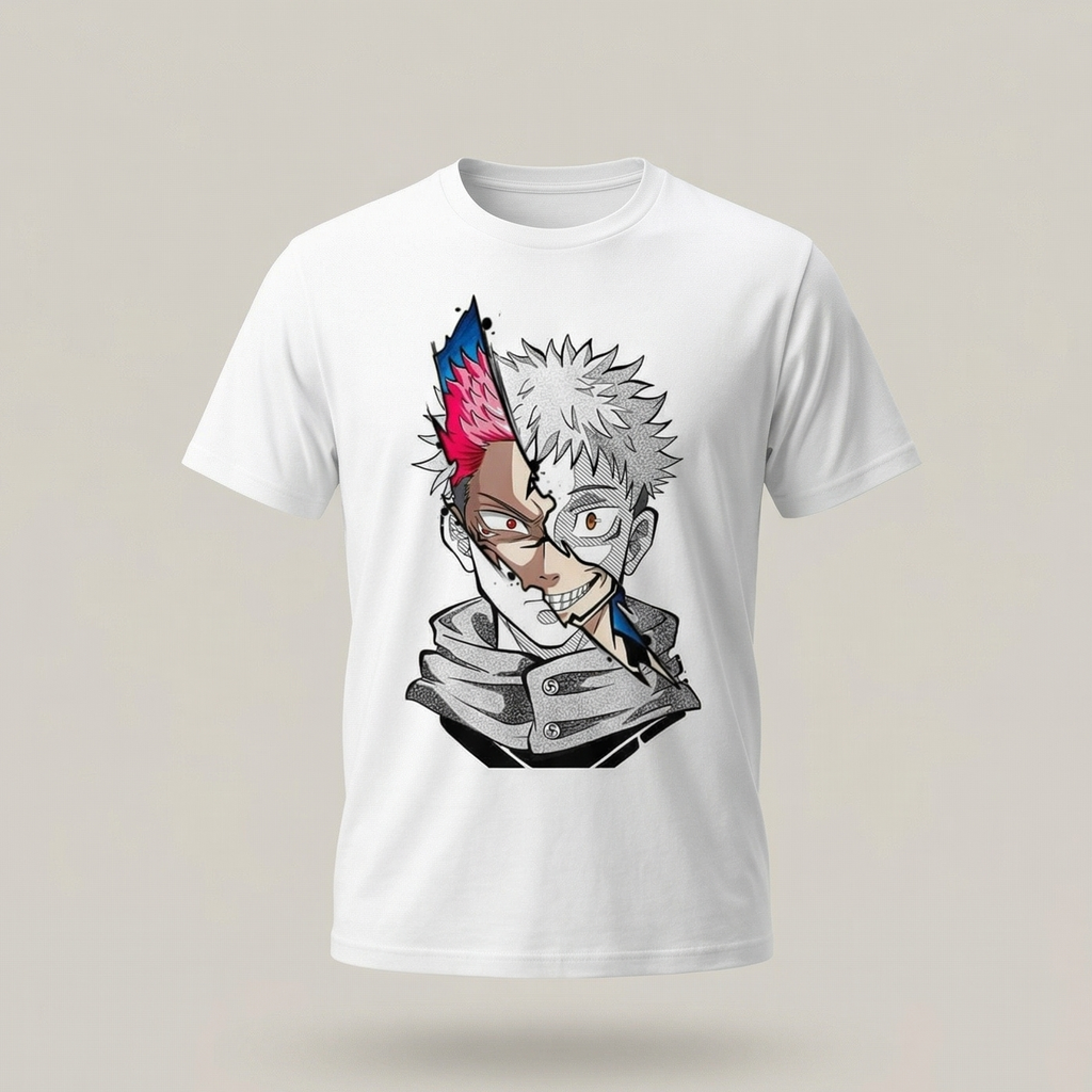 Camisa en poliester con estampado de yuji itadori sublimado en estado dual mitad demonio y mitad humano