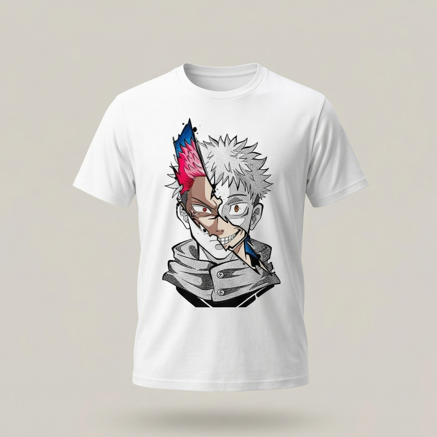 Camisa en poliester con estampado de yuji itadori sublimado en estado dual mitad demonio y mitad humano