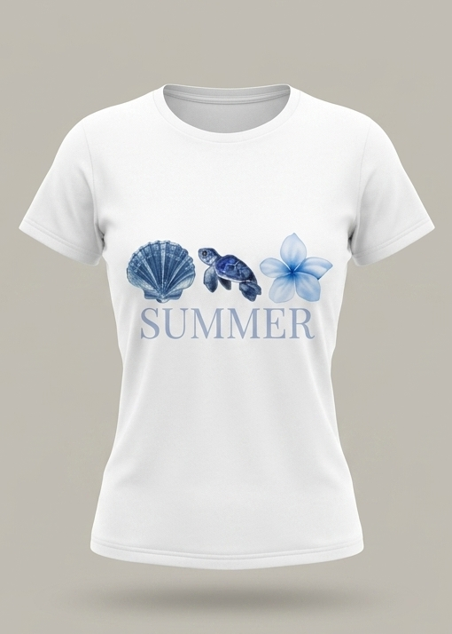 Camiseta blanca de cuello redondo para mujer con un estampado playero de estilo acuarela en tonos azules que muestra una concha de mar, una tortuga marina, una flor tropical y la palabra "SUMMER" en el centro.