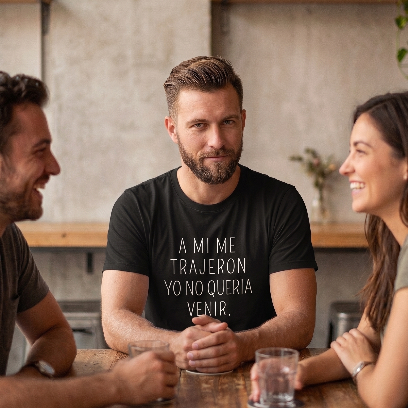 Un hombre barbudo sonriendo sutilmente en una mesa de un bar con amigos, vistiendo una camisa negra personalizada con la frase en español: 'A MI ME TRAJERON. YO NO QUERIA VENIR.
