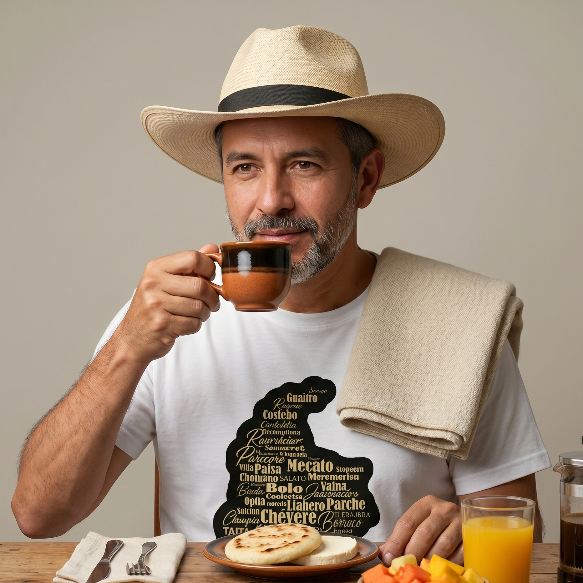 Un hombre colombiano de mediana edad, con un sombrero volteado y una toalla al hombro, toma café de una taza de barro. Está sentado en una mesa de madera con un desayuno tradicional que incluye arepas de maíz en un plato, jugo de naranja, fruta picada y utensilios. Viste una camiseta blanca con un diseño que muestra palabras y frases de la jerga colombiana. El fondo es de color marrón claro.
