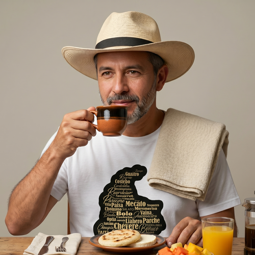 Un hombre colombiano de mediana edad, con un sombrero volteado y una toalla al hombro, toma café de una taza de barro. Está sentado en una mesa de madera con un desayuno tradicional que incluye arepas de maíz en un plato, jugo de naranja, fruta picada y utensilios. Viste una camiseta blanca con un diseño que muestra palabras y frases de la jerga colombiana. El fondo es de color marrón claro.